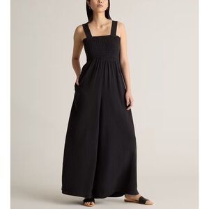 QUINCE 100% Organic Cotton Gauze Smocked Wide Leg Jumpsuit Black